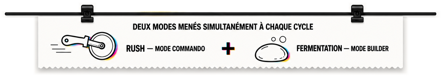 Deux modes menés simultanément à chaque cycle : Rush, mode commando, et Fermentation, mode builder